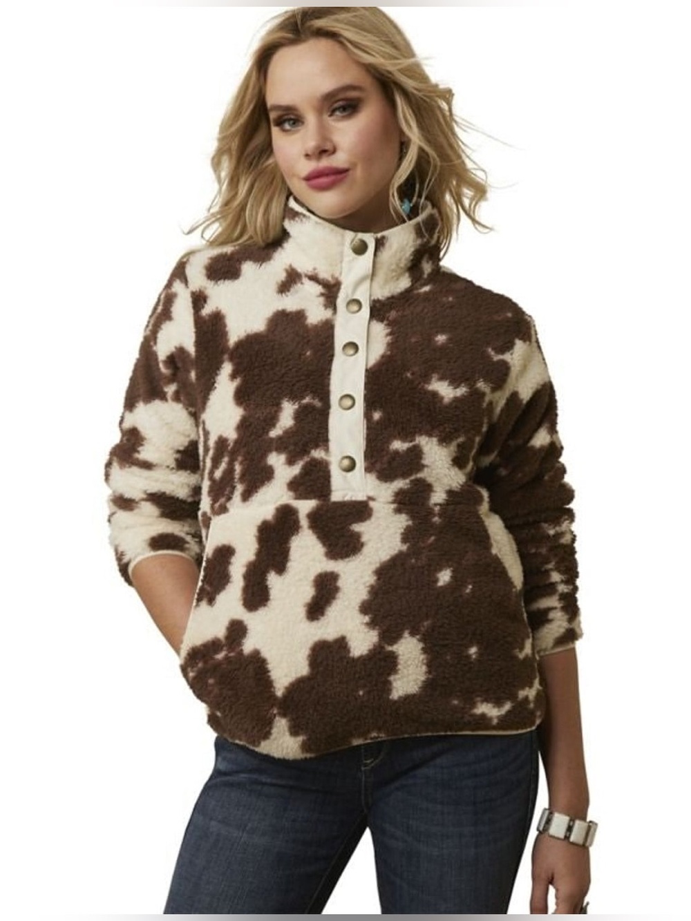 Ariat Ladies Berber Snap Cow Print Sweatshirt Size Large